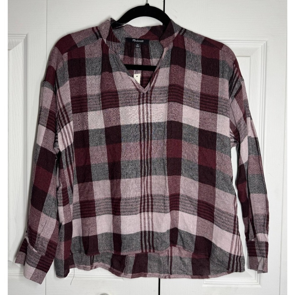 NWT Madewell Placket Tunic Top Women's XS Multicolor Plaid 3/4‎ Button V-Neck